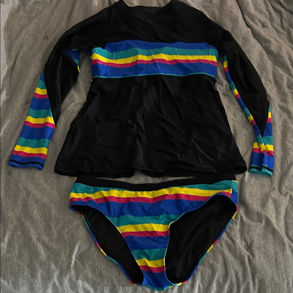 Black Long-Sleeve Rash Guard with Rainbow Stripes Bikini Bottom
